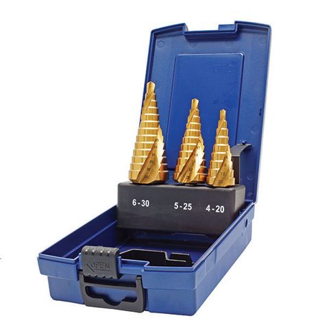 HOLEMAKER SPIRAL FLUTE STEP DRILL SET, 3 PIECE, 4-20MM / 5-25MM / 6-30MM — image 1