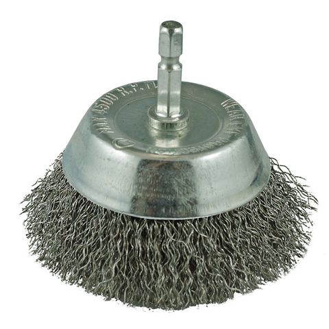ITM CRIMP WIRE SPINDLE MOUNTED CUP BRUSH 75MM, 1/4" HEX SHANK
